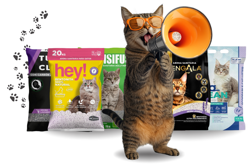 Gato con gafas y megáfono frente a bolsas de arena para gatos, productos variados para mascotas.