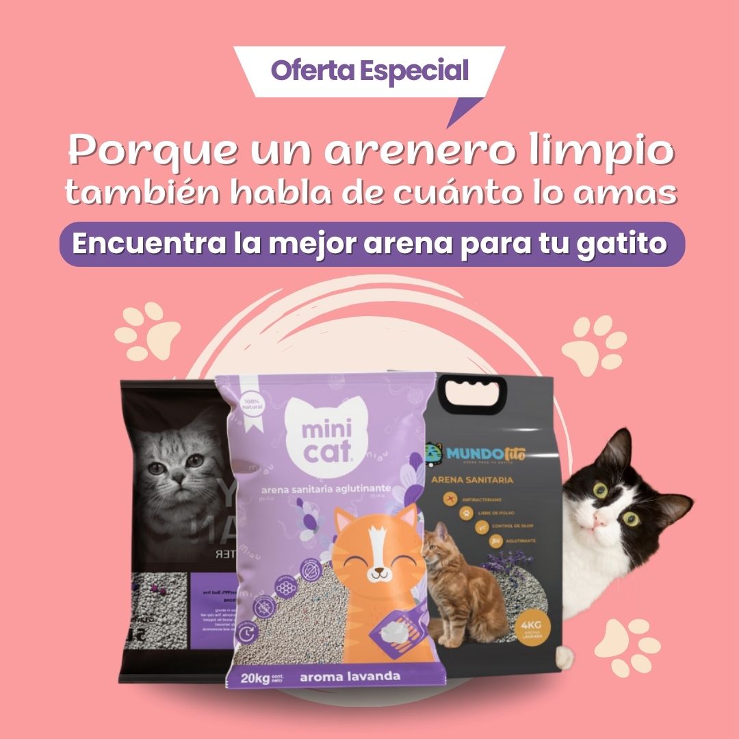 Bolsas de arena sanitaria para gato, variedades aromatizadas, con imagen de gatos, fondo rosa.