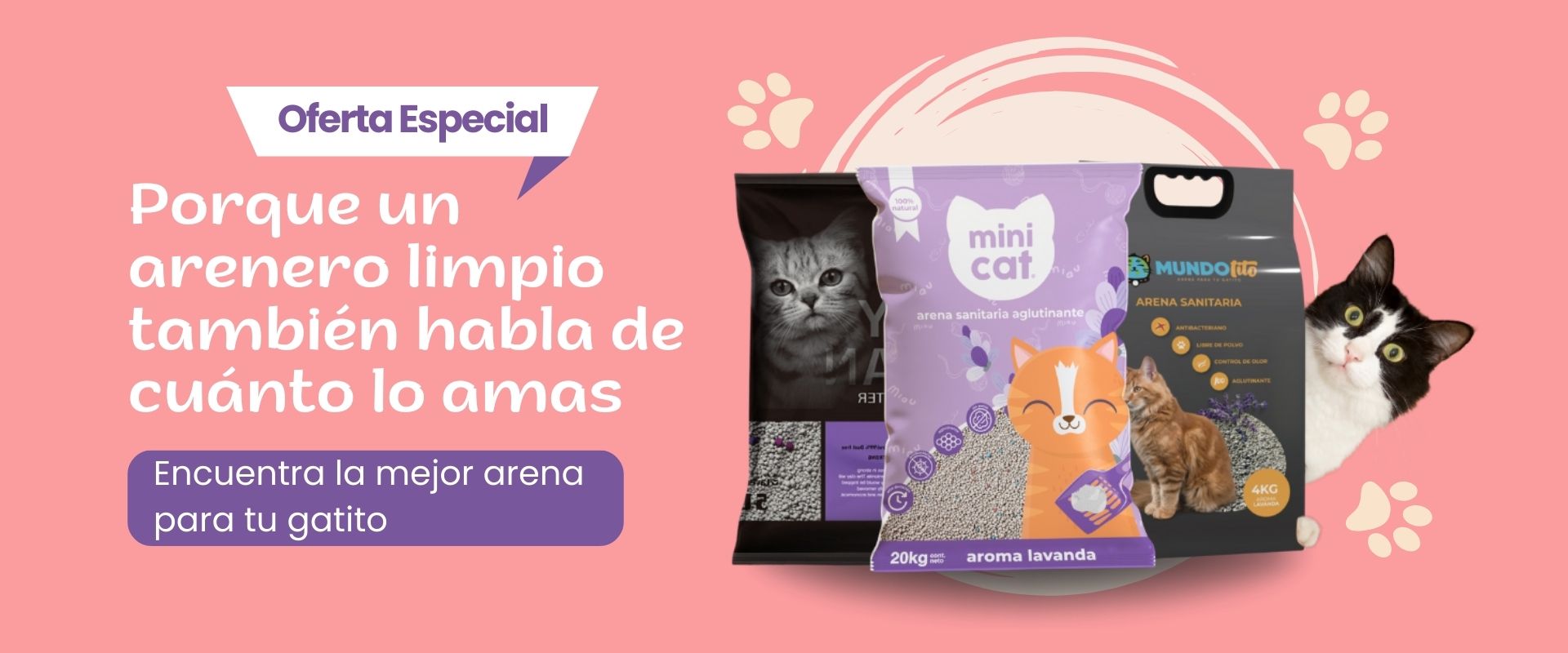 Bolsas de arena sanitaria para gatos con diseños llamativos y gatos sobre fondo rosa