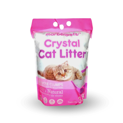 Arena para gatos Crystal Cat Litter de Mundotito, muestra cristales blancos en un recipiente para higiene felina.