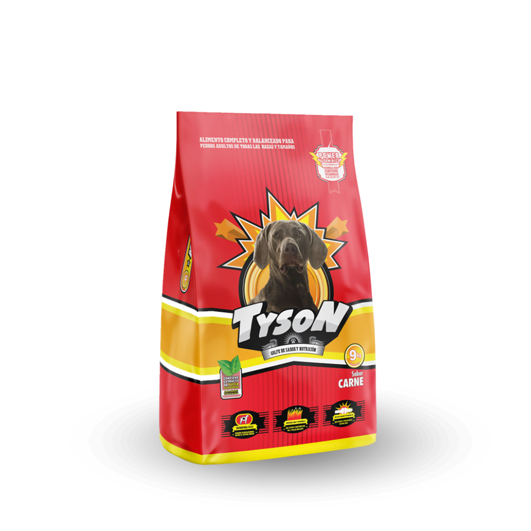 Alimento para animales Tyson de 25 kg de la marca Mundotito en envase grande y resistente.