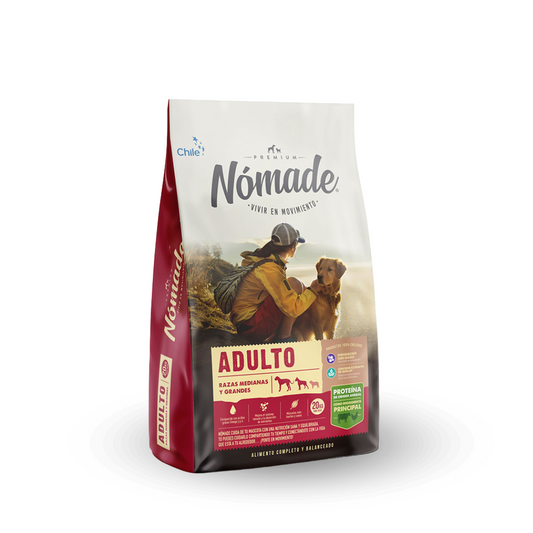 Alimento para perros adultos medianos y grandes de la marca Mundotito, envase de 20 kg con imagen del producto Nomade.