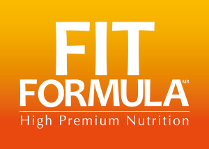 Logo FIT FORMULA sobre fondo degradado naranja y texto High Premium Nutrition