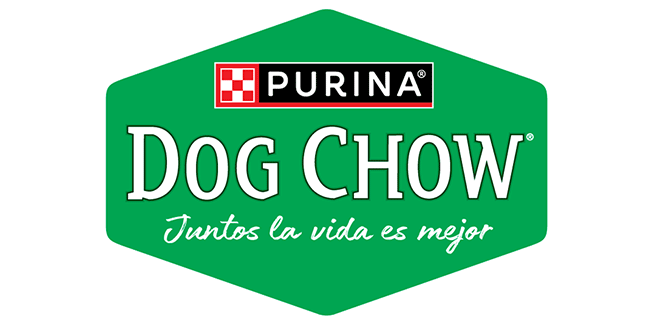Logotipo Dog Chow Purina fondo verde con texto 'Juntos la vida es mejor'.