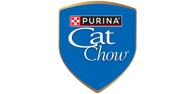 Logo de Purina Cat Chow sobre fondo azul, alimento para gatos, escudo distintivo.