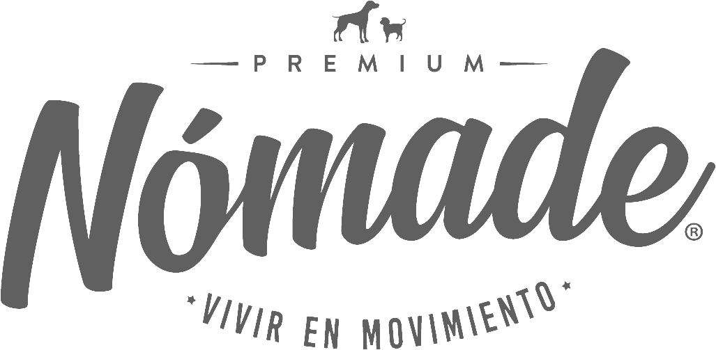 Logo Nómade Premium con siluetas de perro y gato, lema vivir en movimiento