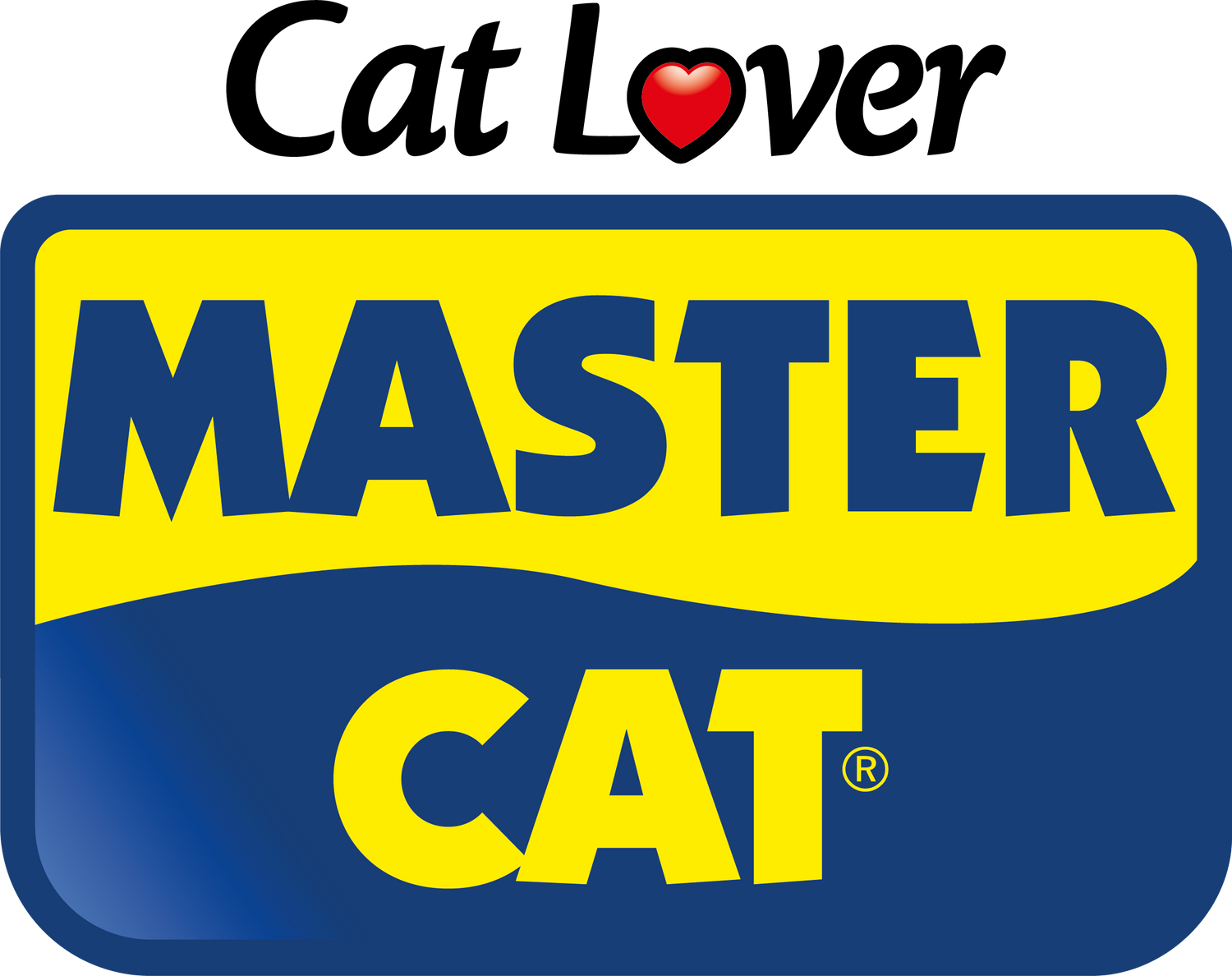 Logo Master Cat en azul y amarillo con corazón rojo, marca de alimentos para gatos.