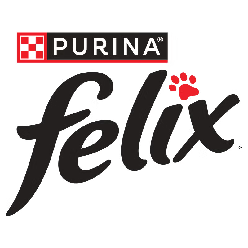 Logotipo de Purina Felix con huella roja de gato, fondo transparente, comida para gatos.