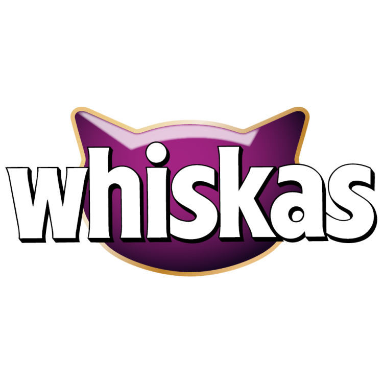Logotipo de Whiskas sobre fondo morado con forma de cabeza de gato para alimento de gatos.