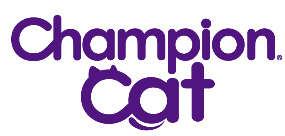 Logo Champion Cat en letras moradas con silueta de gato, diseño moderno para productos felinos