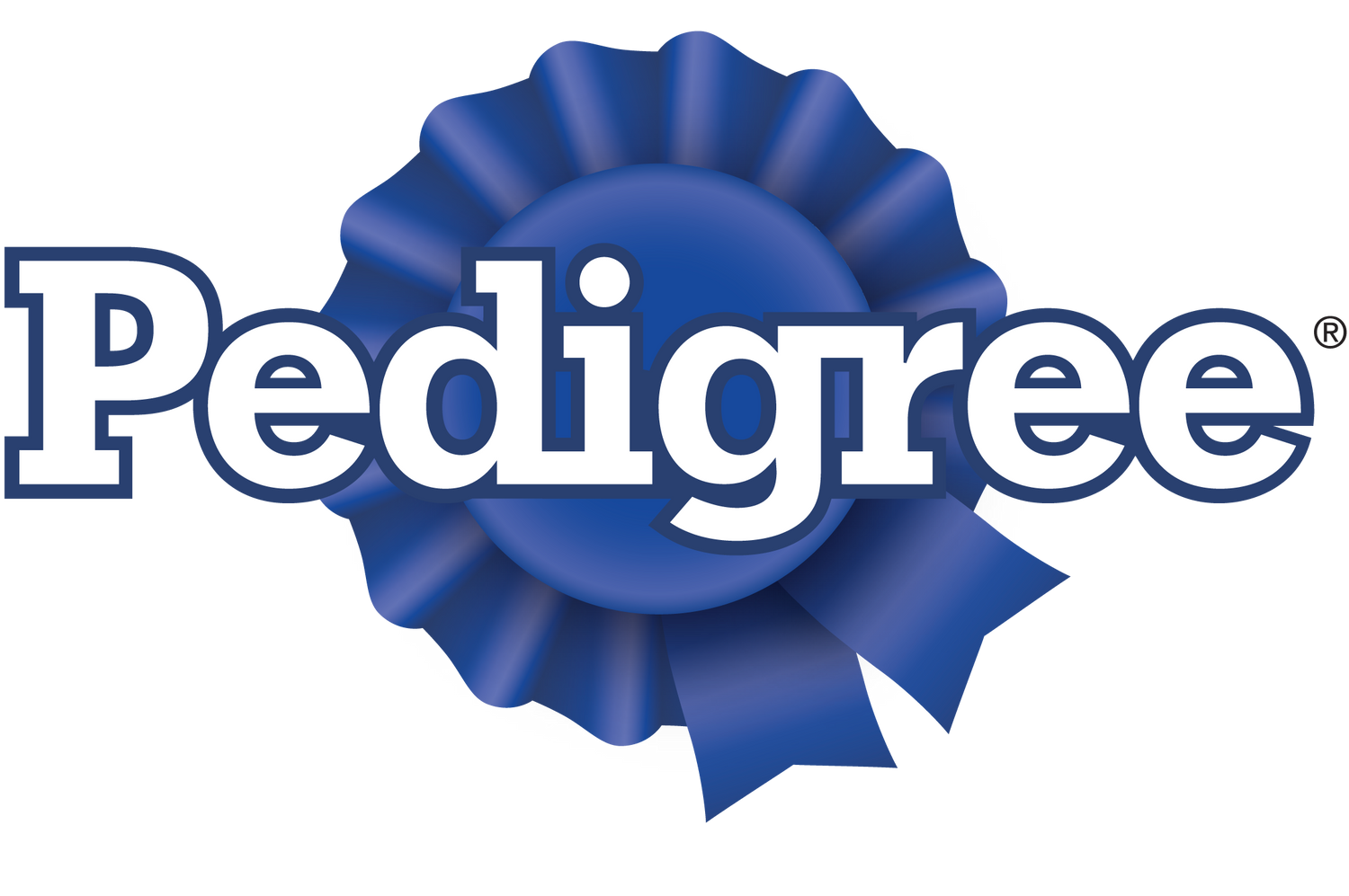 Logo de Pedigree en cinta azul, fondo transparente, símbolo de alimento para mascotas