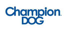 Logo azul de Champion DOG con texto en tipografía moderna, fondo transparente