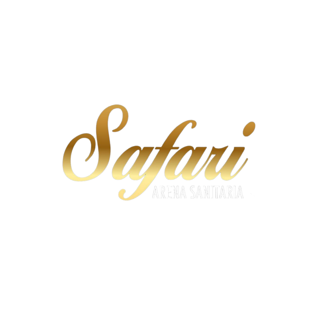 Logo dorado Safari Arena Sanitaria sobre fondo negro, producto para gatos.