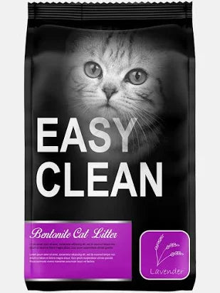 Arena para gatos Mundotito Easy Clean 20 kg con aroma a lavanda, muestra la caja de arena con aroma floral y textura de gránulos.