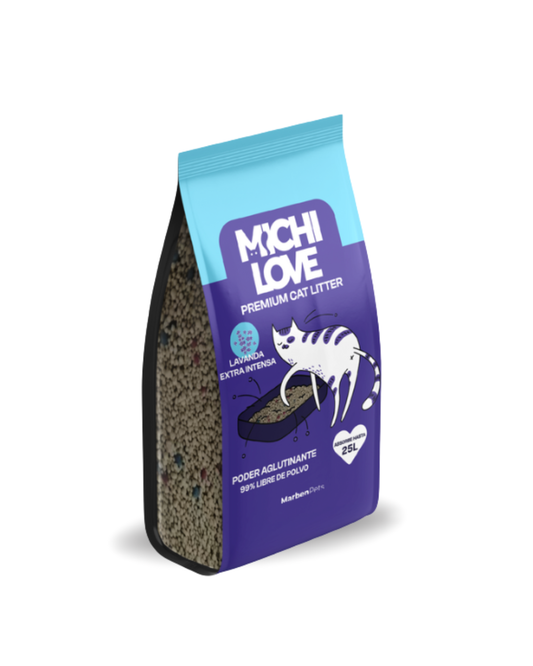 Arena para gatos SuperMichi Michi Love 20 kg, con aroma a lavanda, en paquete variable, visible en la imagen.