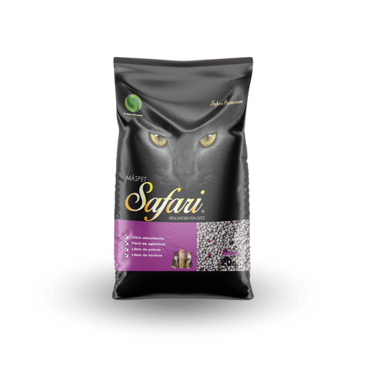 Arena para gatos SuperMichi Safari en formato de 20 kg, con arena de lavanda, visible en la imagen.